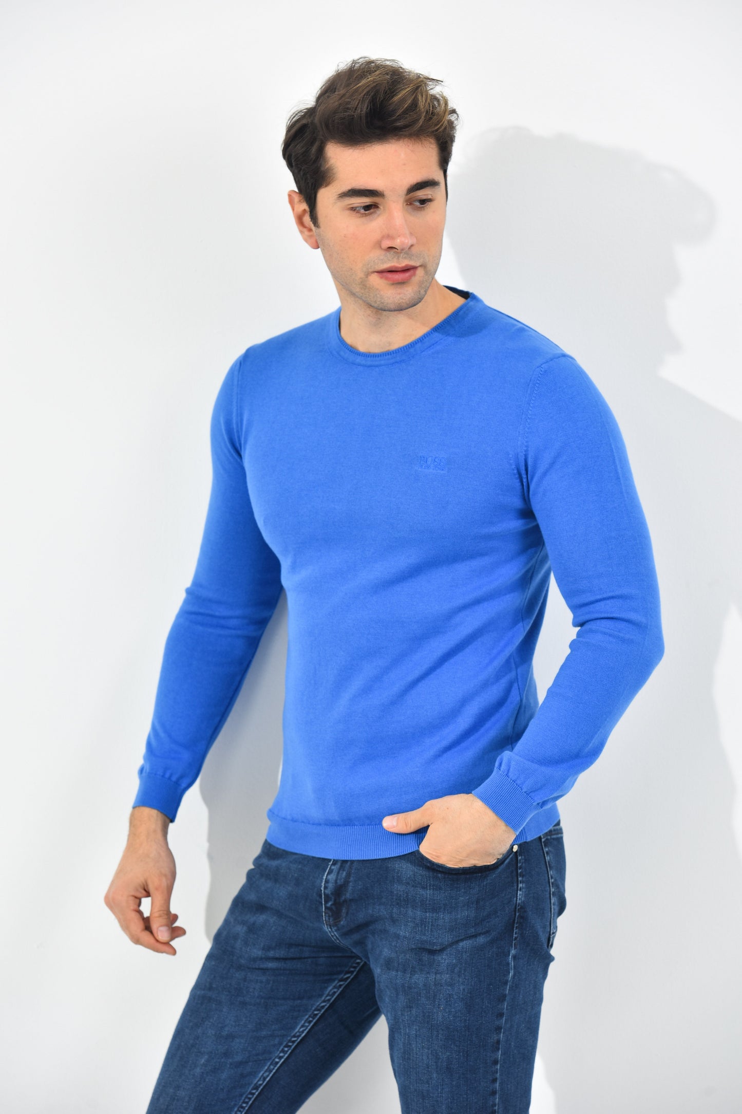 Boss Pullover Herren Saxblau Rundhalsausschnitt