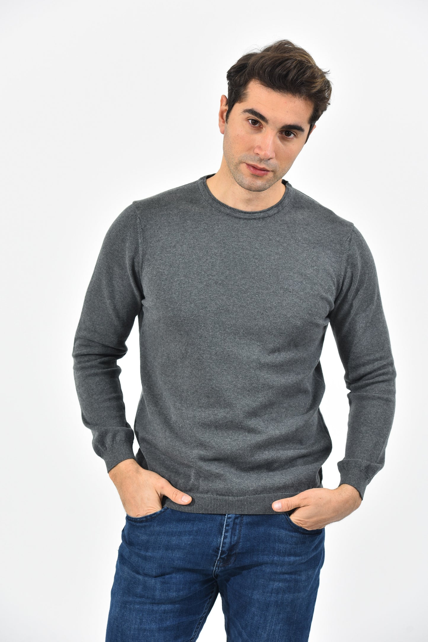 Boss Pullover Herren Dunkelgrau Rundhalsausschnitt