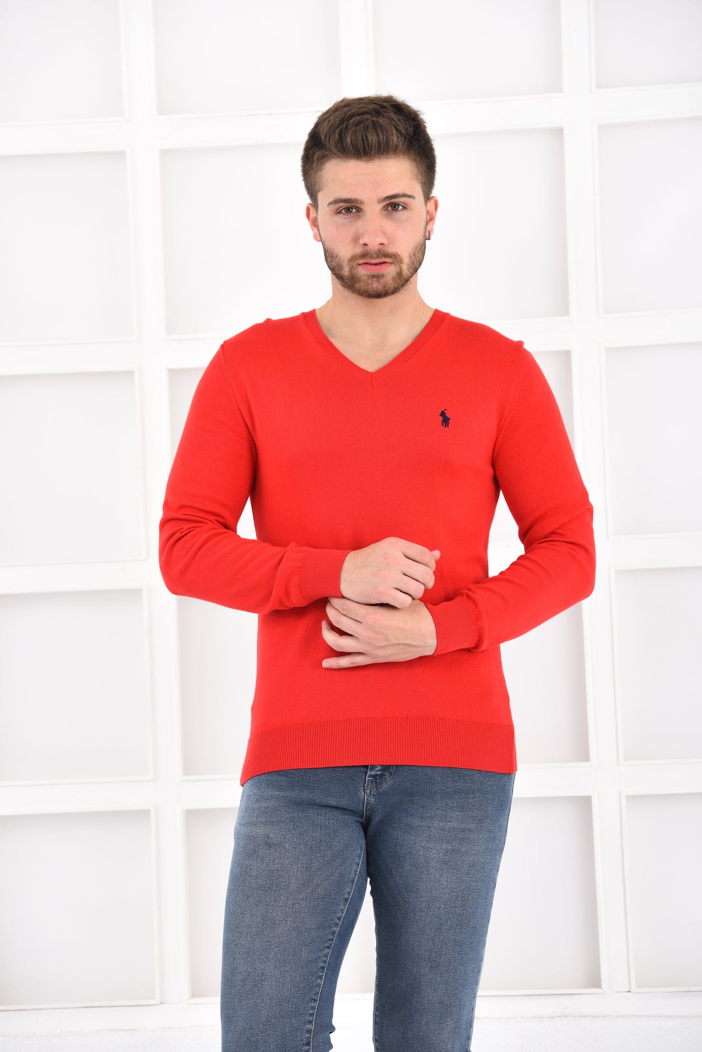 Ralph Lauren Pullover Herren Rot/Navy V-Ausschnitt